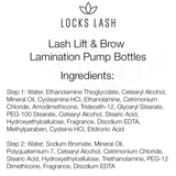 A text-based informational graphic for Locks Lash Lash Lift & Brow Lamination Pump Bottles, listing the ingredients for Steps 1 & 2.